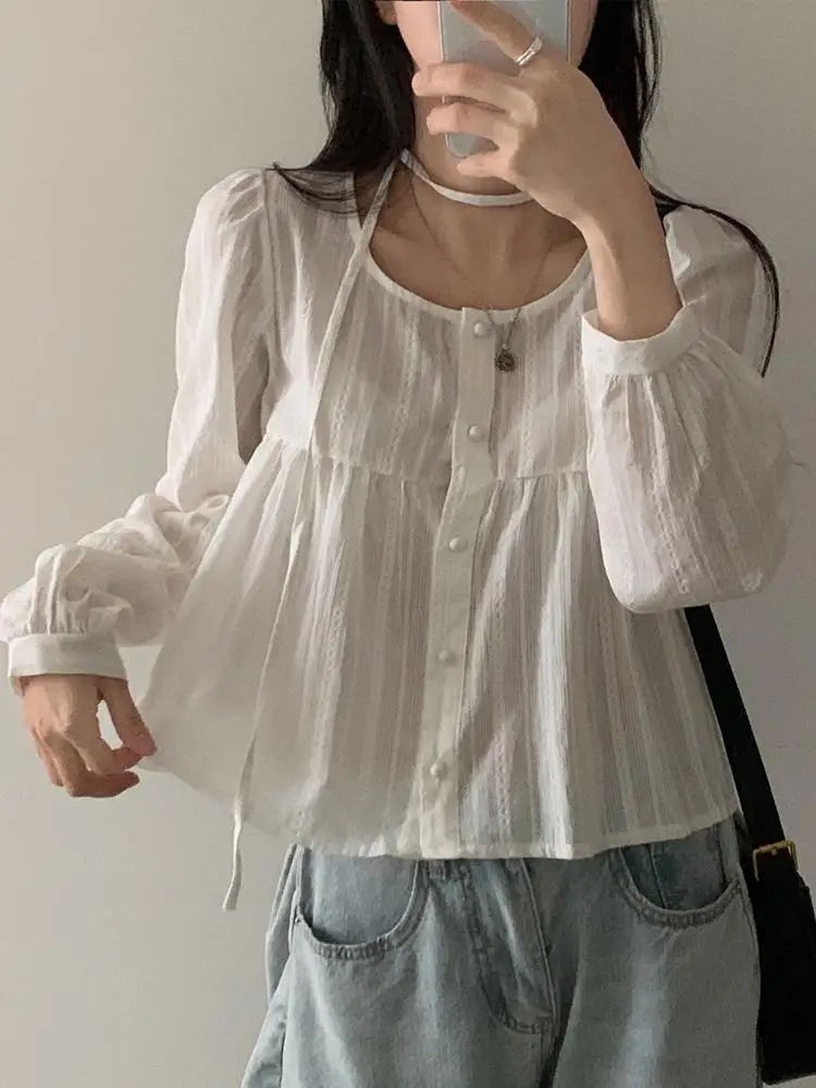 

New Autumn Women's Round Neck Jacquard Shirt Top Korean Fashion Solid Color Lace Up Single Breasted Women Long Sleeved Shirt