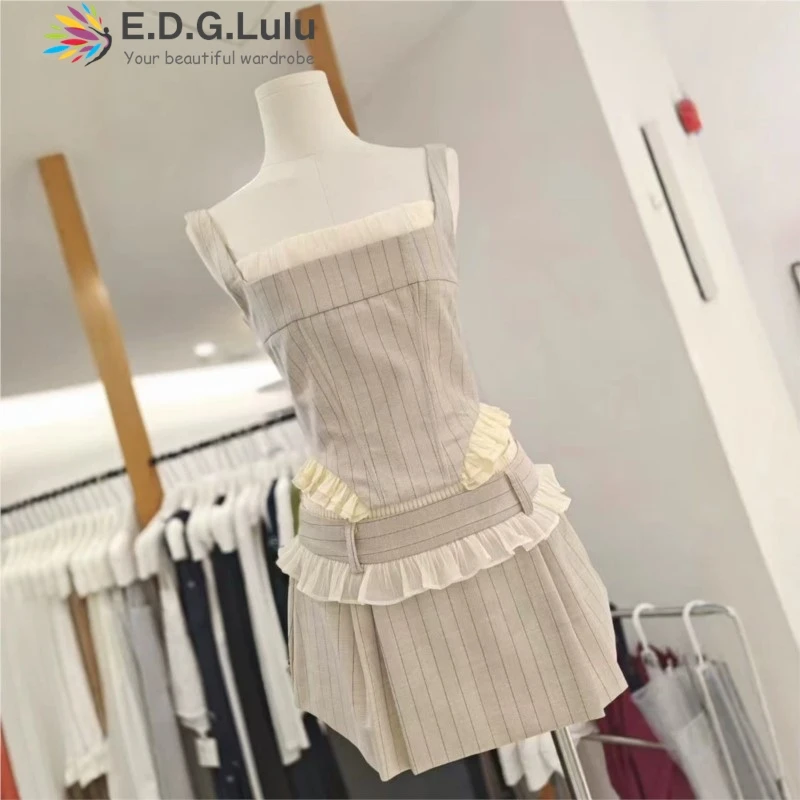 EDGLuLu 2026 Spring New Drawstring Lace-Up Backless Square Neck White Splicing Grid Strap Top+Skirt Two Piece Set 0526
