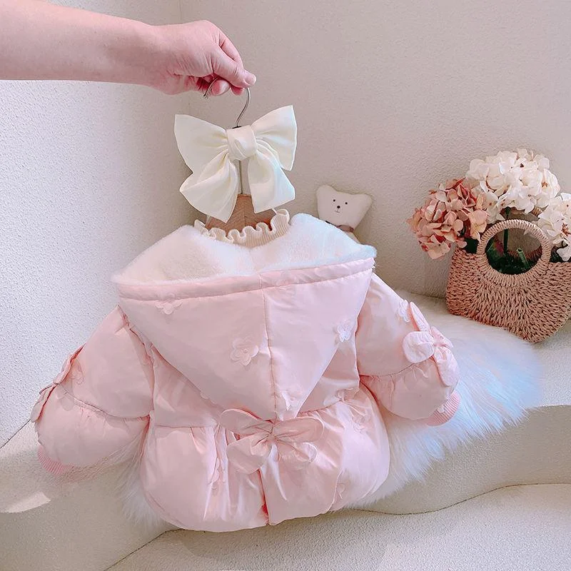 Girls\' Winter Jacket Cotton Coat Sweet Baby Princess Warm Lovely Hooded Bow Short Parka Children\'s Fashionable Thickened Outwear