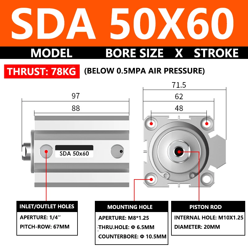 ABILKEEN SDA50X60 SDA Series Thin Air Cylinder 32MM Female Thread Bore X 60MM Stroke Double Acting Pneumatic Compact Cylinder