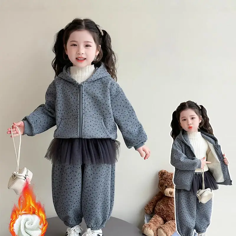 

Популярный утепленный комплект из двух предметов для девочек, толстовка, пальто, брюки, зима-осень, топы, спортивная одежда, детская мода, Kawaii, новый стиль, повседневная одежда