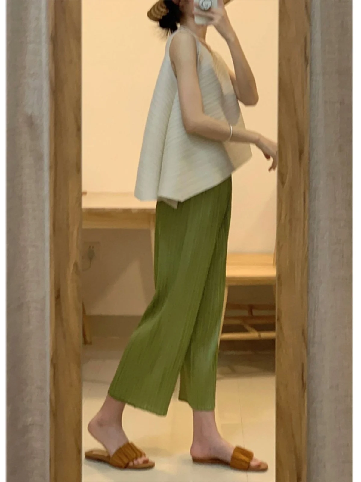 아세테이트 플리츠 와이드 레그 팬츠 여성용 9부 얇은 루즈핏 스트레이트 캐주얼 바지 하이웨이스트 여름 패션