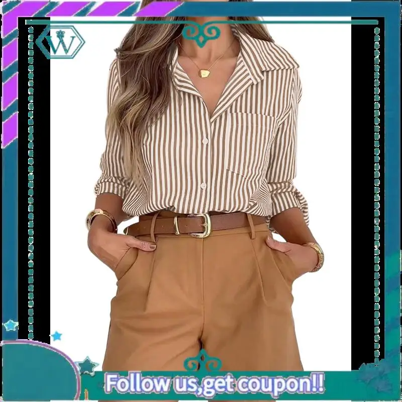 

A09P Striped Button Down Shirts For Women Dress Shirts Long Sleeve Casual Collared Office Work Shirt With Pocket