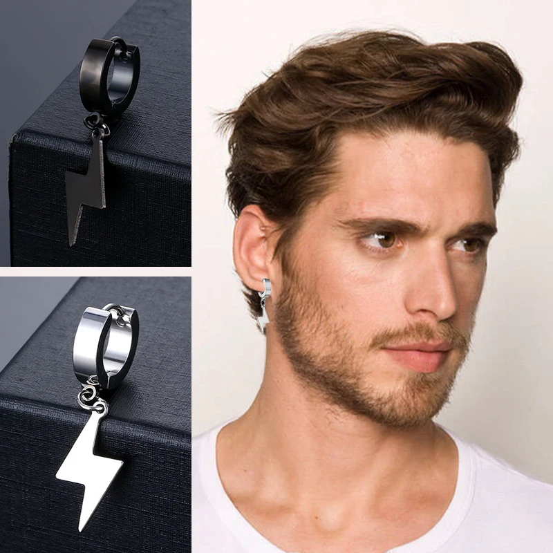 2pc Punk Hiphop Lightning Pendant Stainless Steel Earring korean fashion Women Men Circle Ear Stud Earring Jewelry Ear Accessory view 5