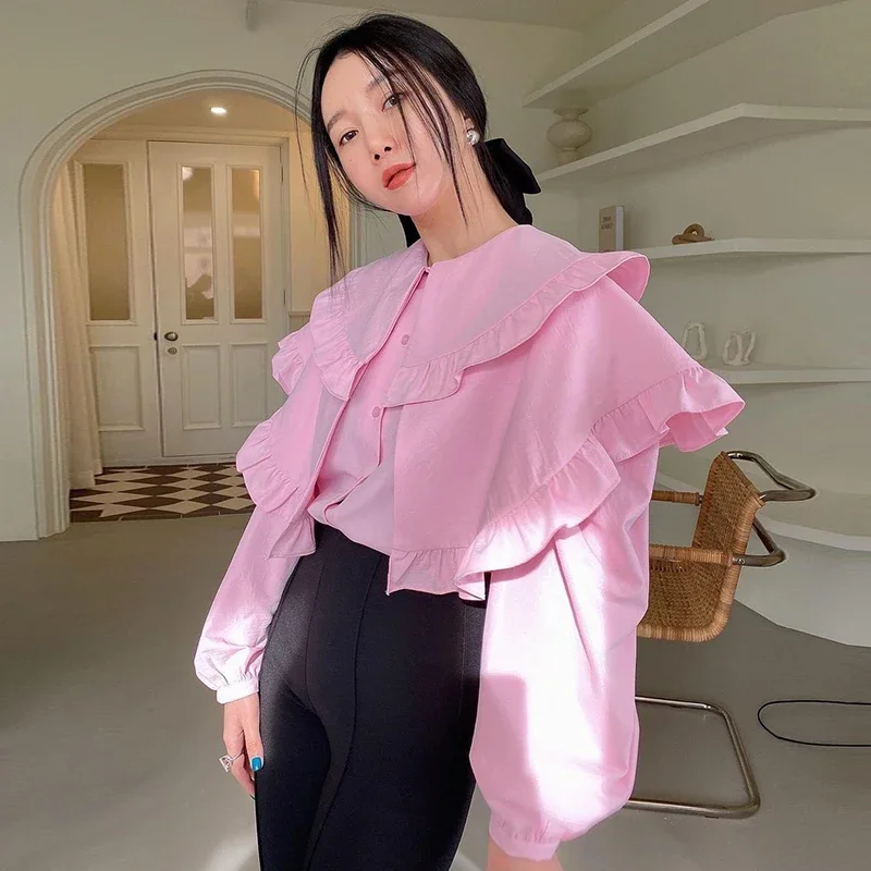 Ezgaga Sweet Pink Shirt Women Loose Long Sleeve Solid Ruffles Lapel Spring New Korean Chic Ladies Tops Elegant Fashion Blouses