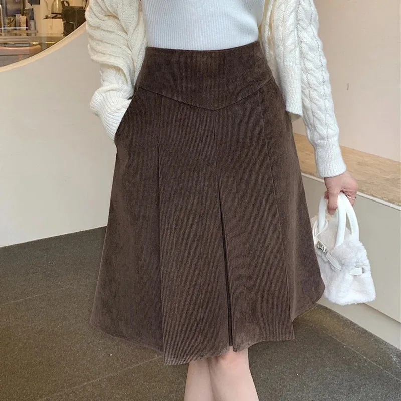 Women High Waist A-line Midi Skirt Pleated Skirt With Pockets For Autumn Winter