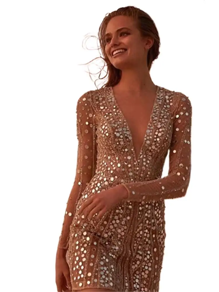 2025 feminino profundo decote em v lantejoulas mini vestido moda elegante vestidos de noite temperamento ver através de renda manga longa vestidos