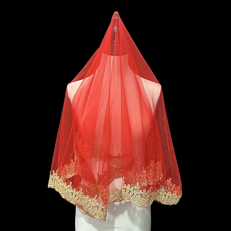 

2026 Red Short Wedding Veil Bridal Veils 1m Gold Applique Edge Wedding Accessories L&P DQL Studio