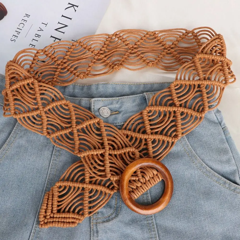 

Waist Rope Dress Waistbands Accessories Wax Rope Women Waist Chain Ethnic Style Belts Braided Belt Round Wooden Button
