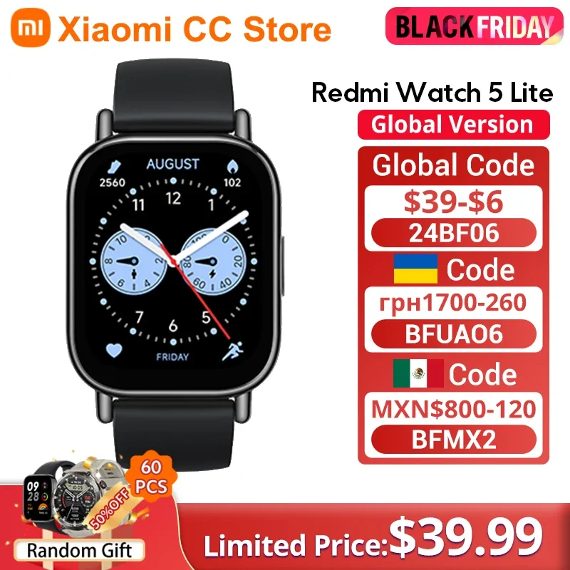 Global Version Xiaomi Redmi Watch 5 Lite 1.96'' AMOLED display 18-Day Battery life Built-in GNSS Bluetooth® calling 5ATM