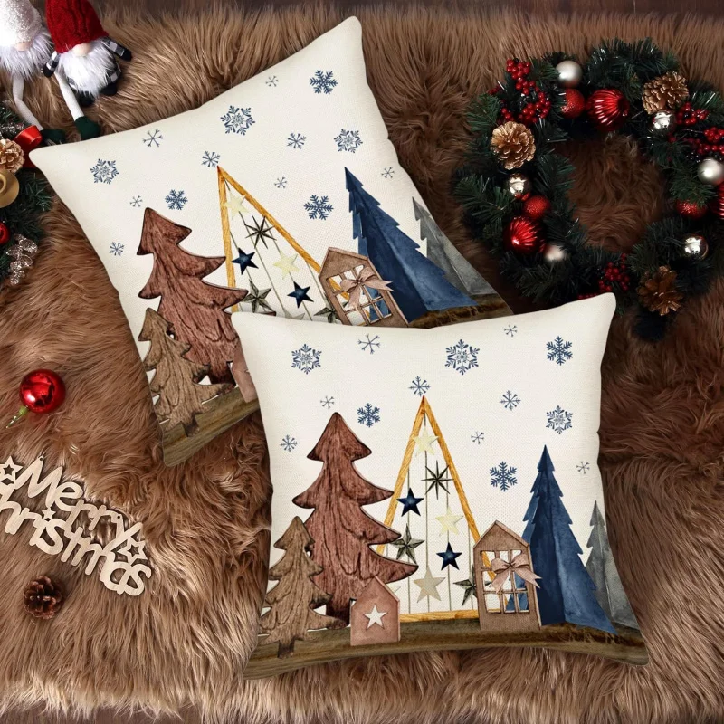 Christmas Pillowcase 2 pieces 24x24 inches blue brown snowflake winter vacation farmhouse home decoration sofa seasonal cushion