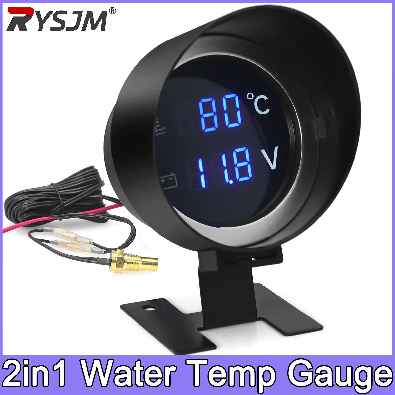 Auto LCD Water Temperature & Voltmeter Gauge 2 in 1 Round Led Digital Water Temp Gauge + Temperature Sensor 10mm 12V 24V