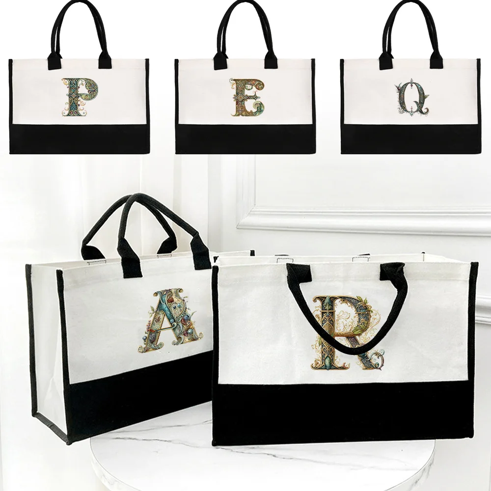 Portable Carry Bag Large Capacity Shopping Reusable and Waterproof Jute Bag Grocery Storage Printing Graphic Letter Series