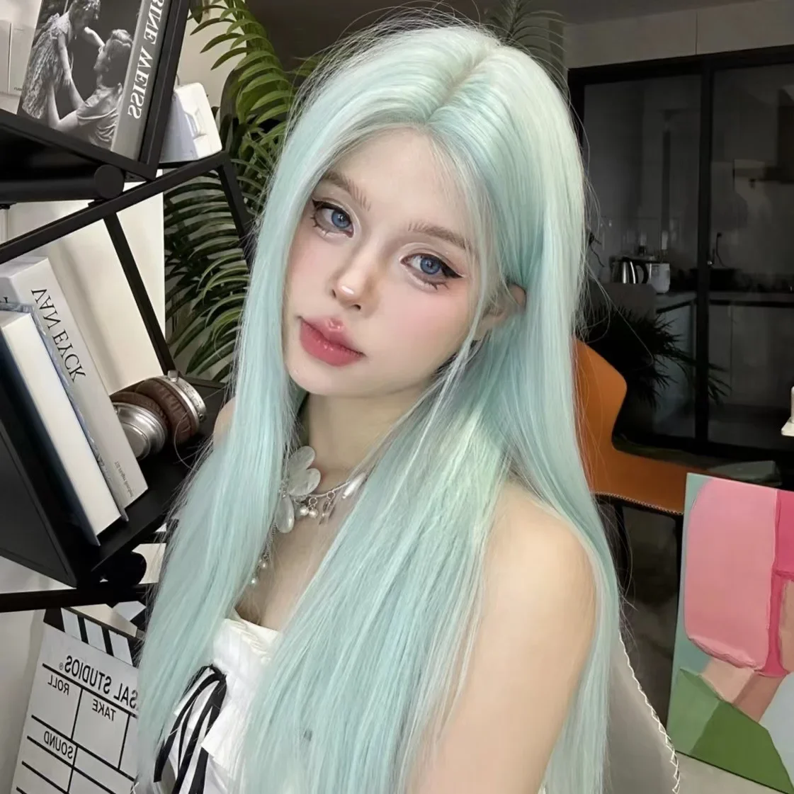 2024New Mint Blue Green Fore Lace Long Straight Hair Center Split Bang Wig Women's Full Head pink gold wig