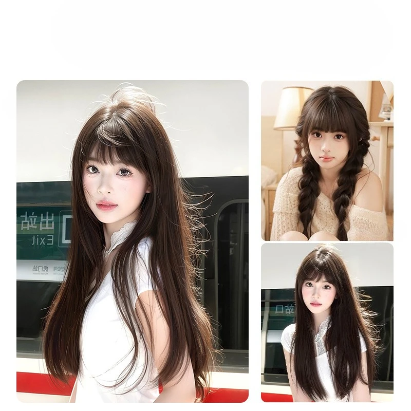 شعر مستعار نسائي يومي بنمط لوليتا بني داكن، شعر مستعار طويل مفرود مموج، مسامي وغير خانق #3