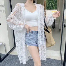 Summer Boho Sexy See Through Long Sleeve Hooded Cardigan Korean Lace Cover Up Women White Beach Dress Ladies Bikini Cape Jacket