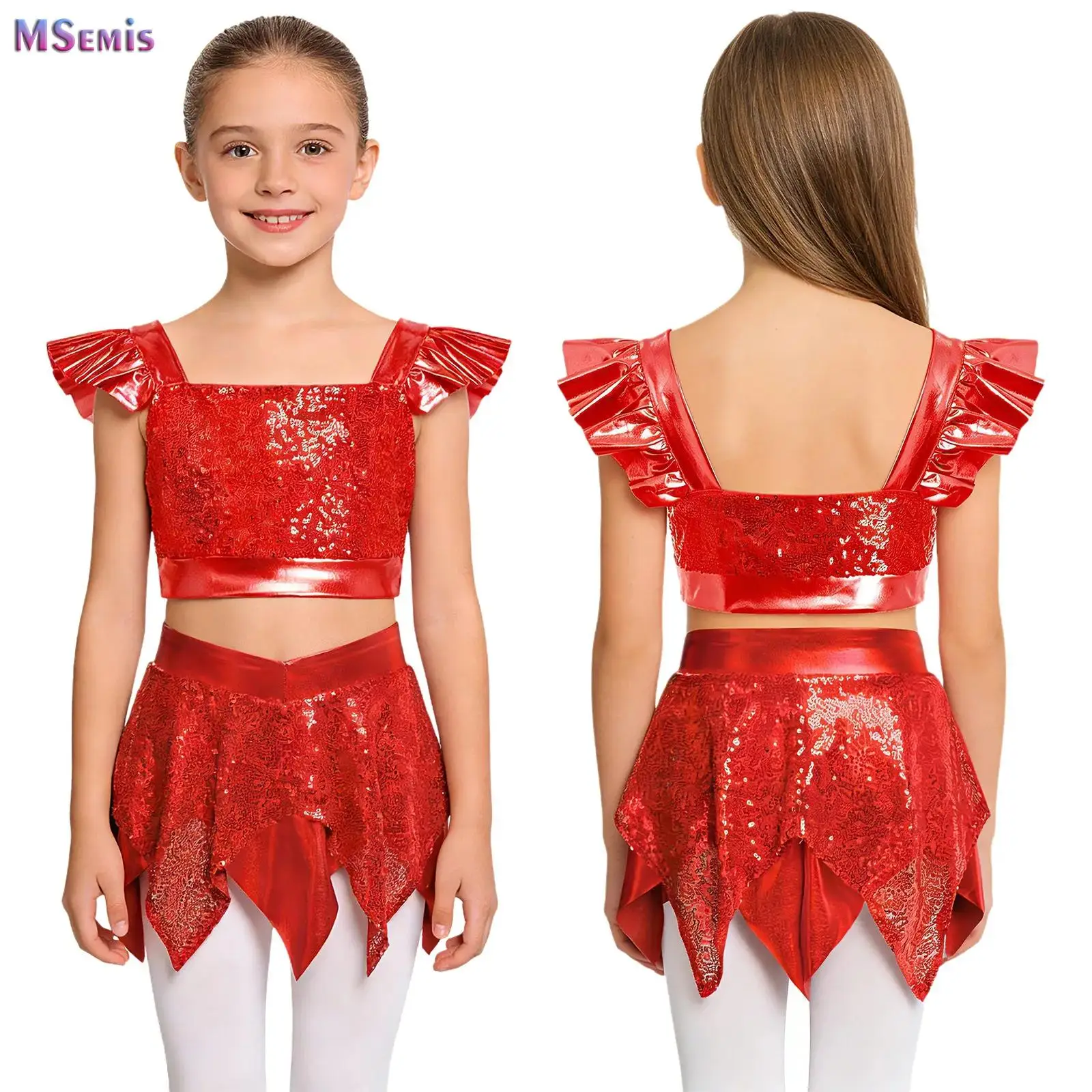 

Kids Girls Figure Skating Outfit Latin Jazz Dance Lyrical Performance Costume Sequin Metallic Crop Top with Asymmetric Skirt Set