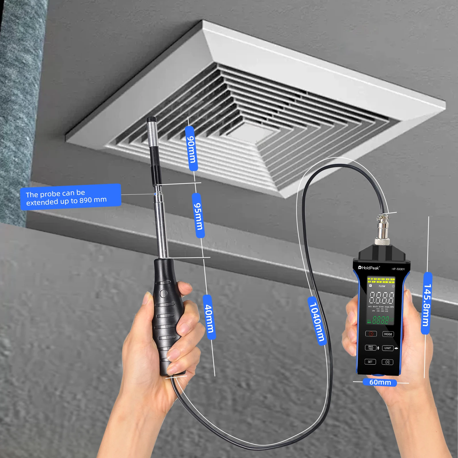 

HP-5000Y Anemometer with extendable probe measures wind speed & air volume, features LCD screen, MAX/MIN for HVAC/environment