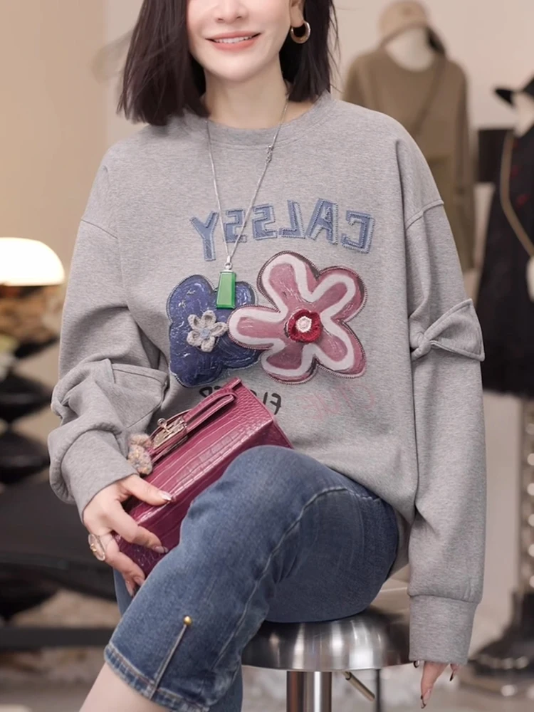 

Autumn 2026 New Sle Women's Ne Sweatirt Rhinestone Heat Balloon Stripe Splicing Fake Two-Piece Loose Fit Printed L...