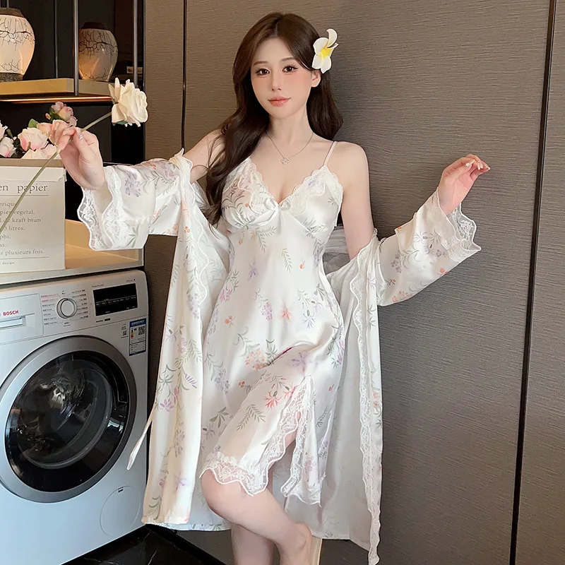 2Pcs Silky Satin Robe Suit Print Sleepwear Women Kimono Nightgown Lace Home Dress Summer Robe Gown Sleep Suit Loungewear