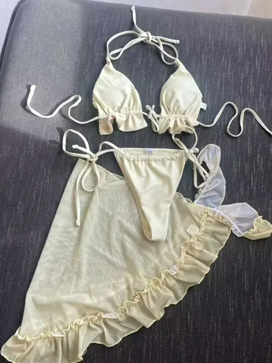 With Mesh Sarong Halter Ruffled Bikini Women Swimwear Female Swimsuit Three-pieces Bikini set Bather Bathing Suit Swim Beachwear