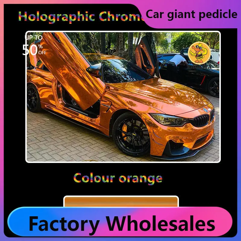 1.52X18M Stretchable Orange Holographic Chrome vinyl Wrap Self-Adhesive Film Decal Air-Release Bubble Free DIY Car Wrapping Roll