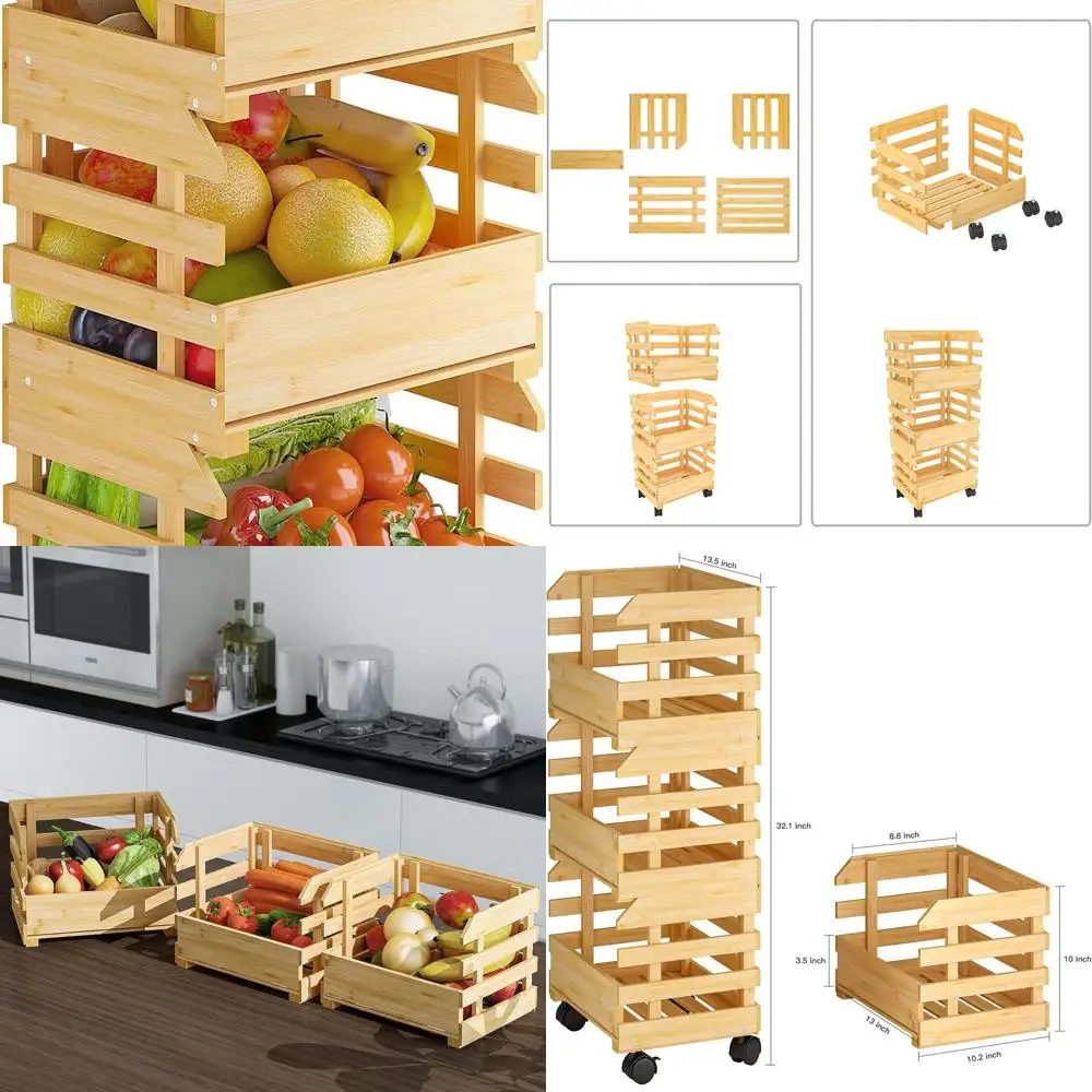 

3-Tier Bamboo Fruit Basket with Wheels for Kitchen, Portable Vegetable Storage Cart