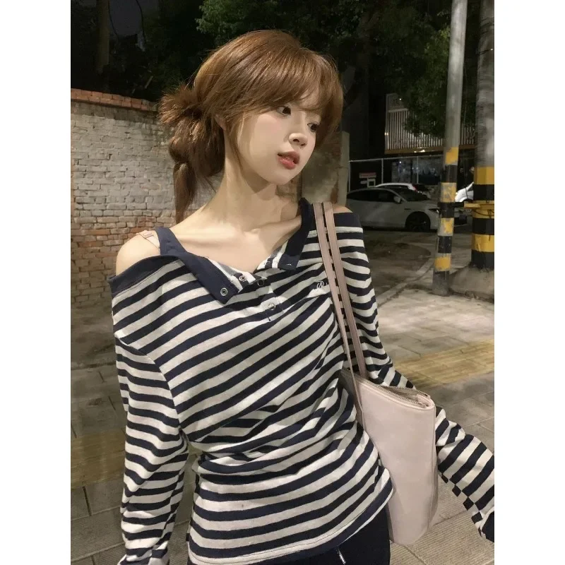I Love It Too Much Pure Desire One-word Shoulder Korean Gentle Wind Long-sleeved T-shirt Women's Super Hot Early Autumn Thin Top