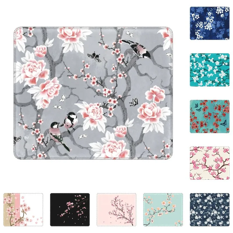 Chinoiserie Birds Sakura Flowers Mouse Pad Square Mousepad Anti-Slip Rubber Peony Floral Cherry Blossom Gaming Computer Desk Mat