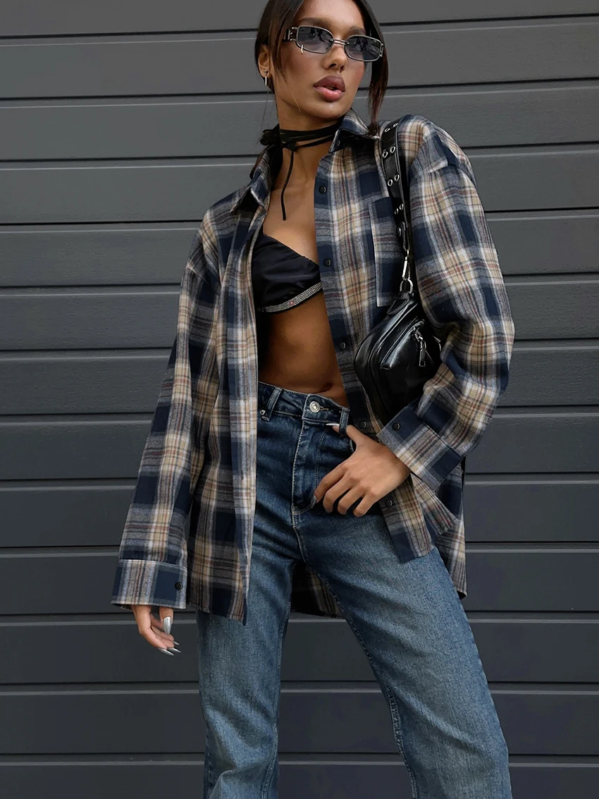 Spring Autumn Pockets Vintage Shirt Tops Women Streetwear Gingham Oversize Shirts Female Turn Down Collar Casual Plaid Blouses