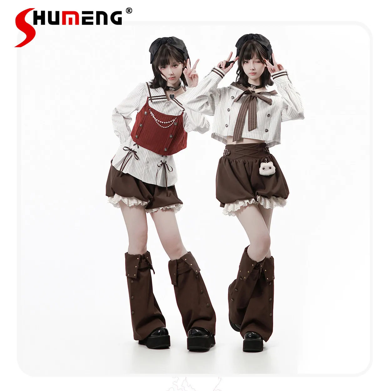 

2026 Spring New College Style Y2K Skirt Set Sweet Cool Girls Striped Long-Sleeve Shirt Hooded Top Skirt, Knit Vest Leg Warmers