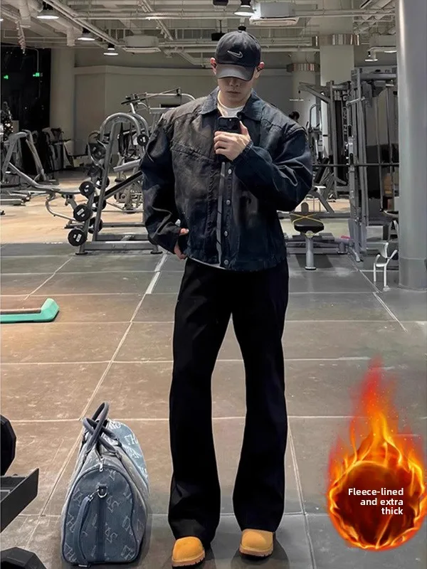 

Мужские брюки Cleanfit с высокой талией, расклешенные, осенне-зимние, черные, утепленные флисом, повседневные, прямого кроя