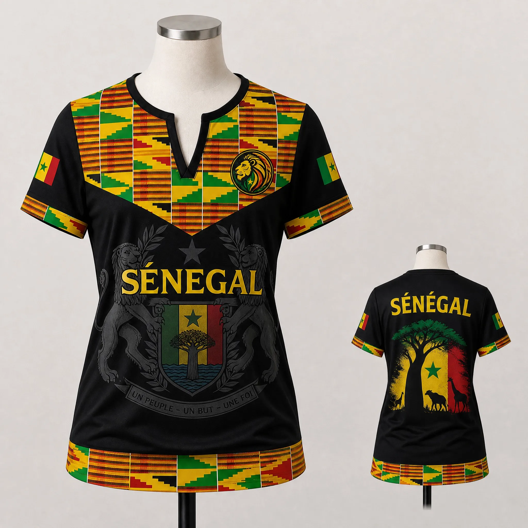Womens Small V Neck T Shirt Senegal Print Kente Trim Lion Crest Short Sleeve Casual Graphic Summer Top Black Style Loose Fit Tee