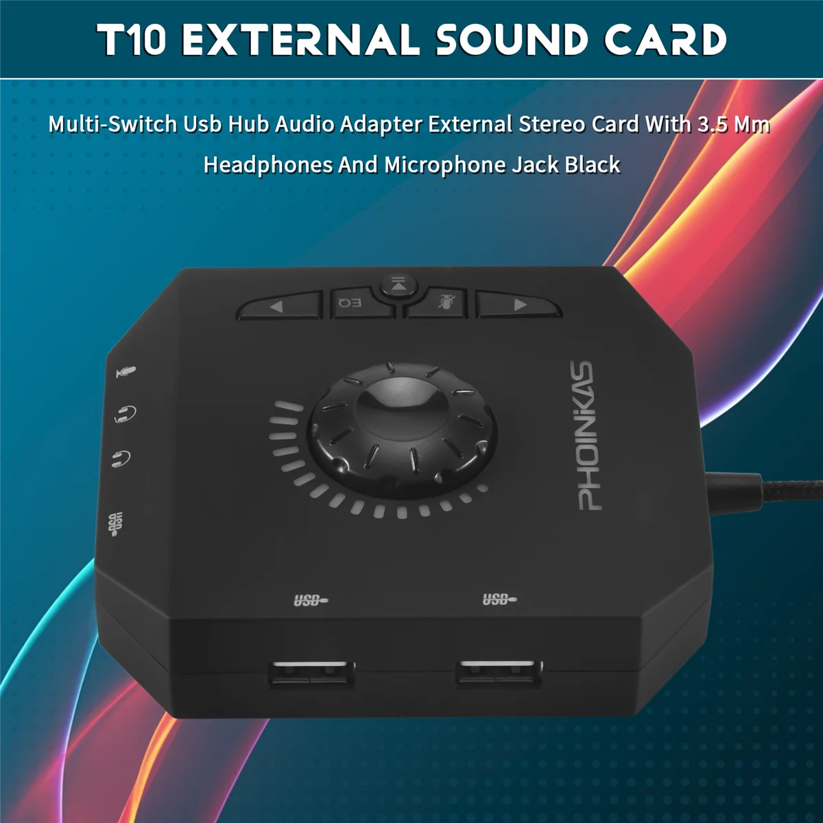 New Phoinikas T10 Multi-Switch Usb Hub Audio Adapter External Stereo Card With 3.5 Mm Headphones And Microphone Jack Black