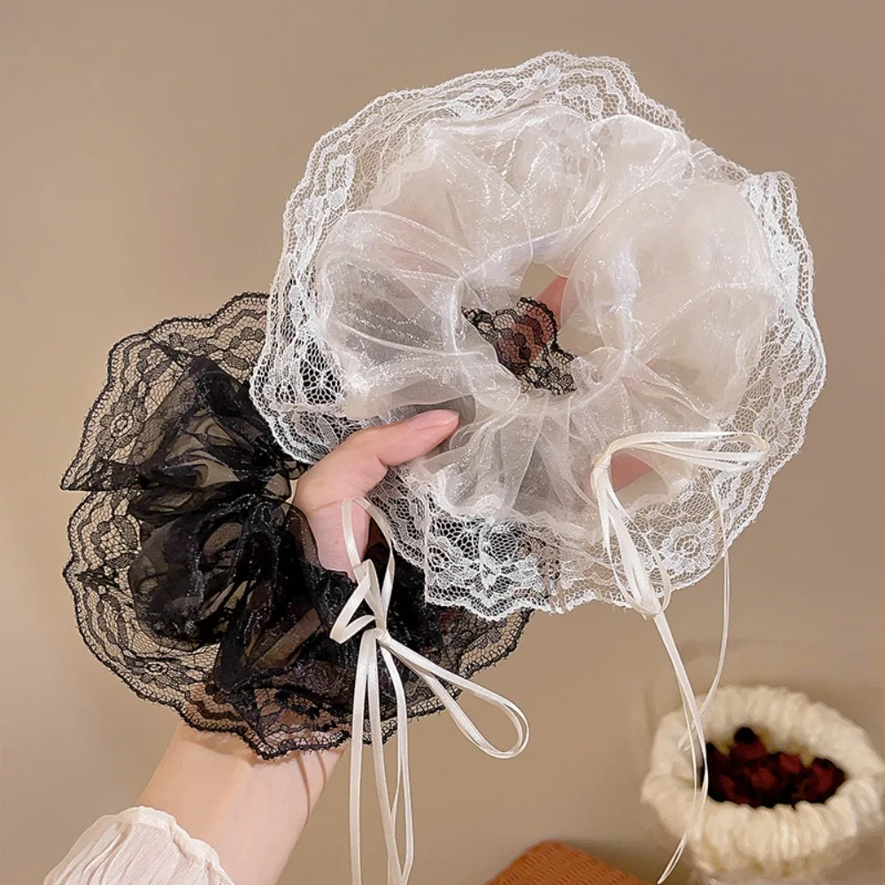 

Korean Lace Bow Rubber Bands for Women Girls Simple Bow Ribbon Hair Scrunchies Cream White Lace Mesh Hair Rope Hair Accessories