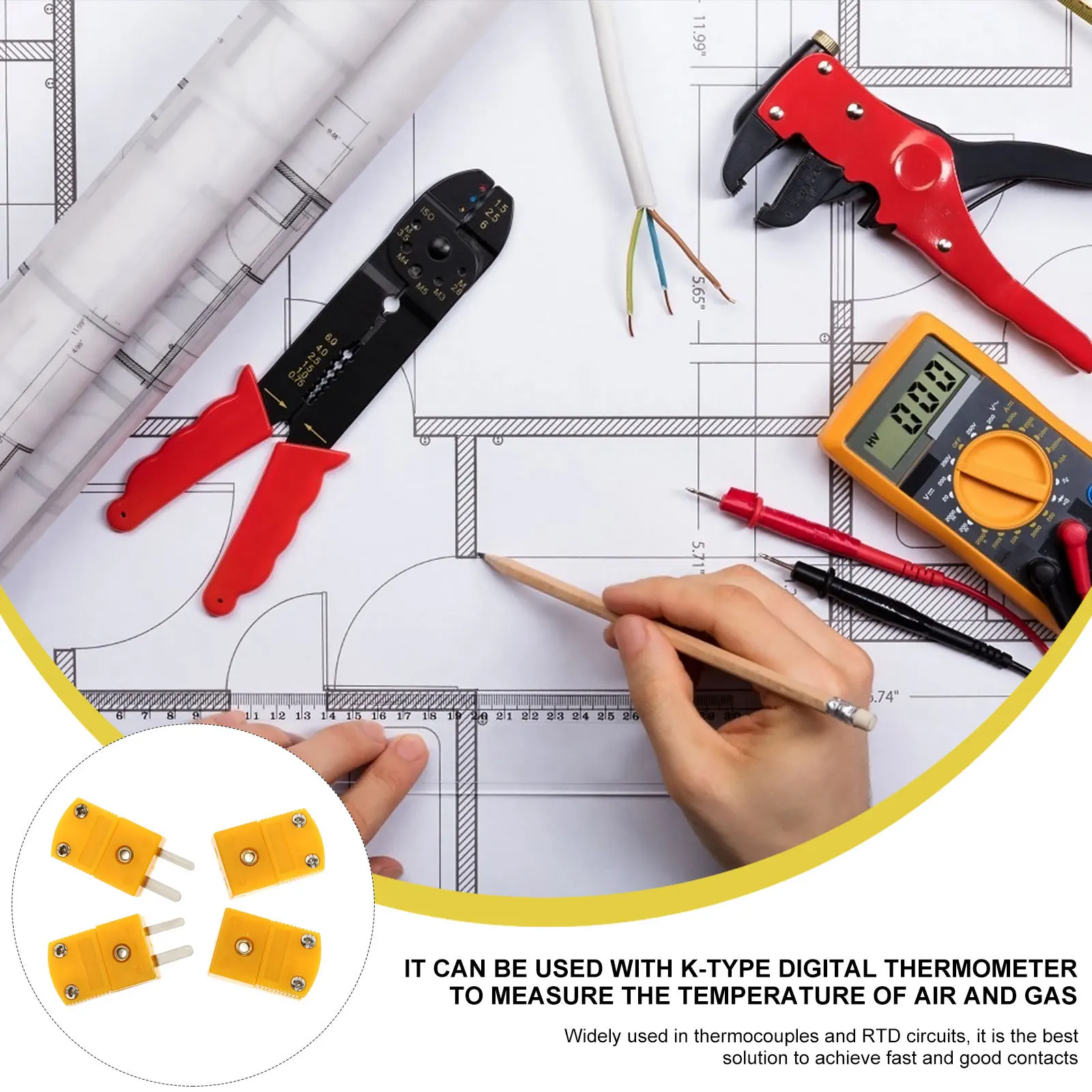 

4pcs Yellow Plastic Case Thermocouple Plug Adapter Male To Female 2 Type Connector For Rtd Circuits Temperature