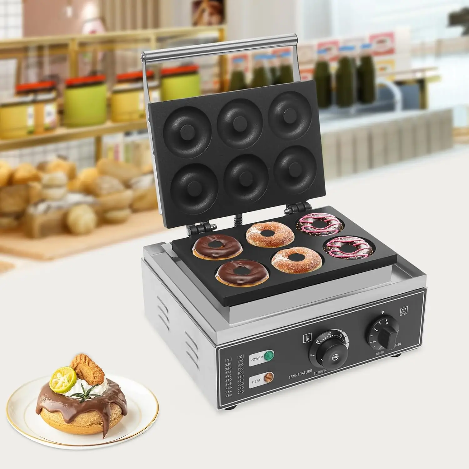 Máquina comercial para hacer rosquillas de 6 orificios, máquina eléctrica antiadherente para hacer rosquillas, calefacción 50-300 ℃   Máquina para hacer rosquillas, crepé, gofres