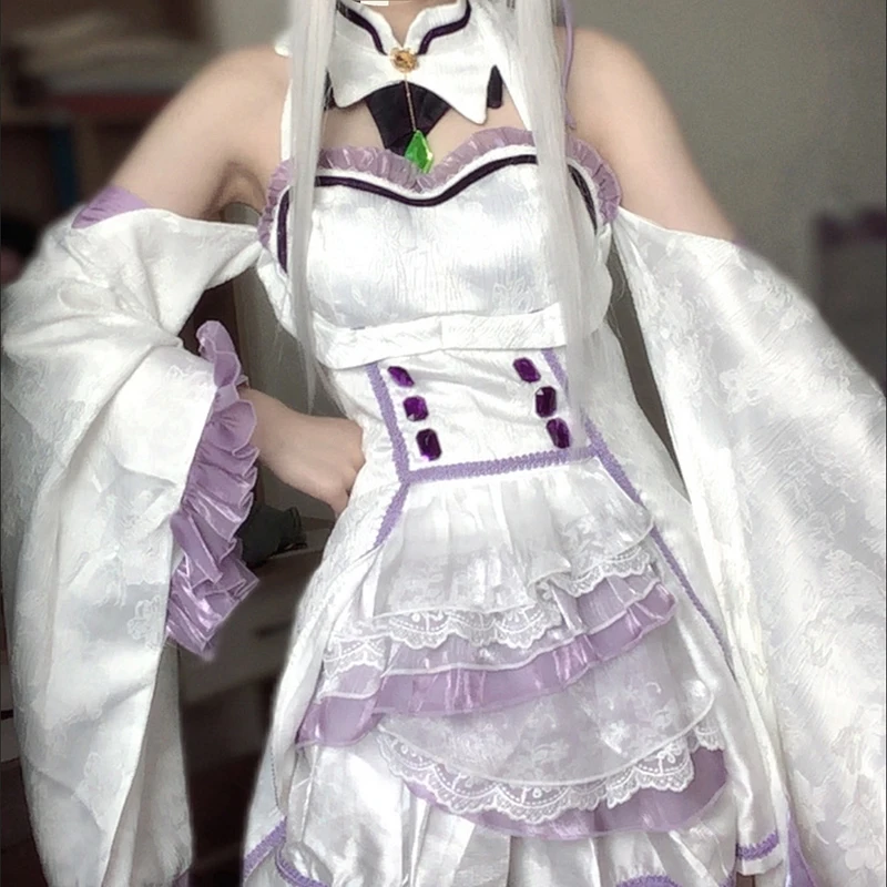 Anime Re Zero Kara Hajimeru Isekai Seikatsu Emilia Cosplay Costumes Women Dress With Headdress For Halloween Party Lolita Cos - view 3