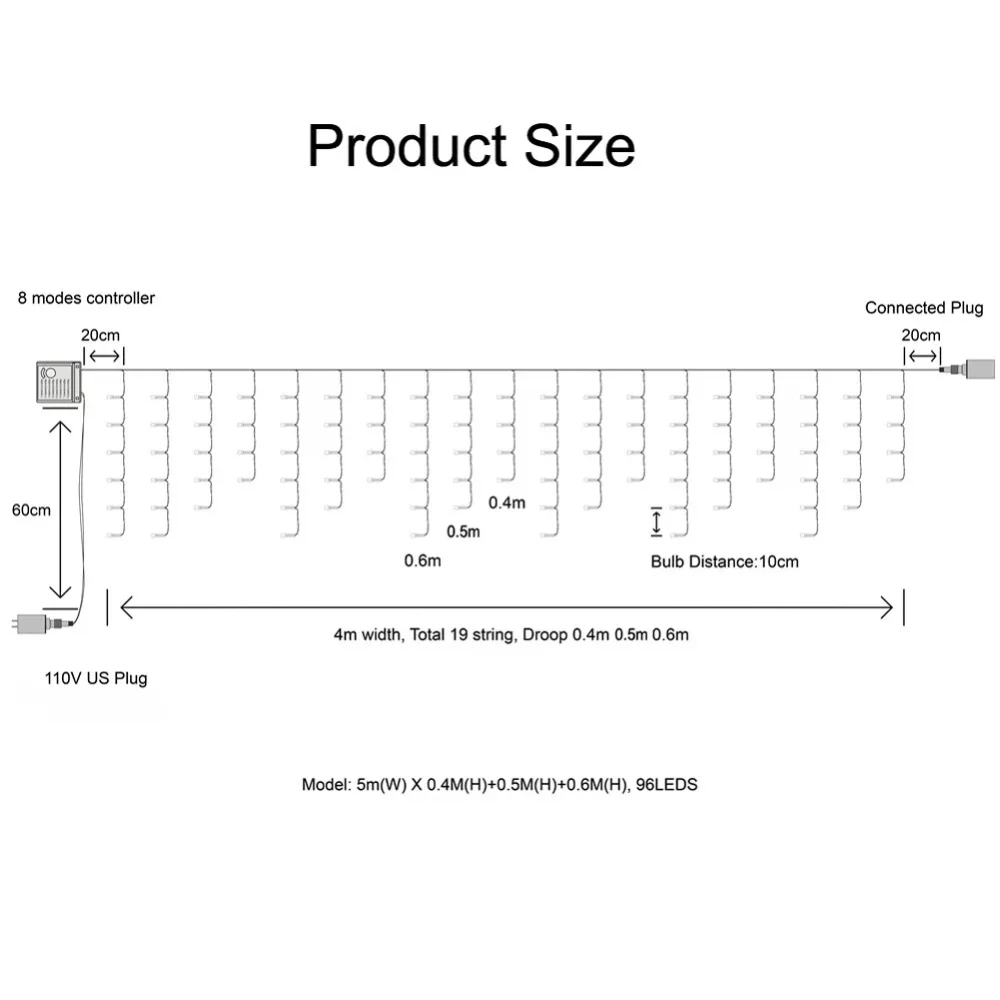 1pc US Plug Starry Sky Ice Bar Light String, 4m*0.6m 96 LEDs Flash Waterfall Light Decoration for Christmas Outdoor