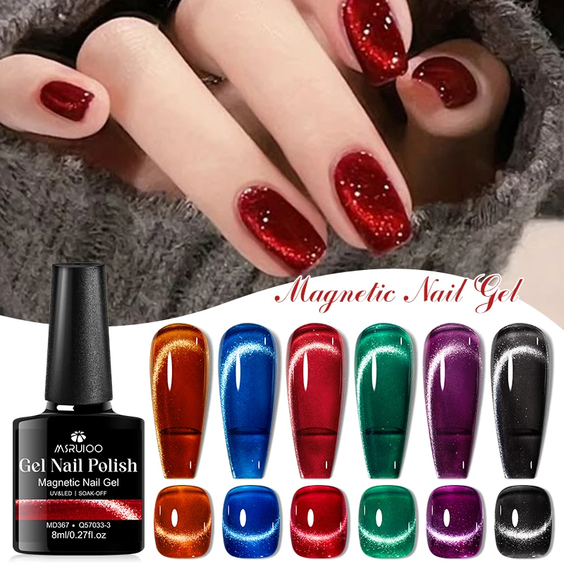 

MSRUIOO 8ml Glitter Magnetic Gel Nail Polish,Blue Red Black Cat Eye Effect Nail Art Soaking UV LED Gel Varnish Nail