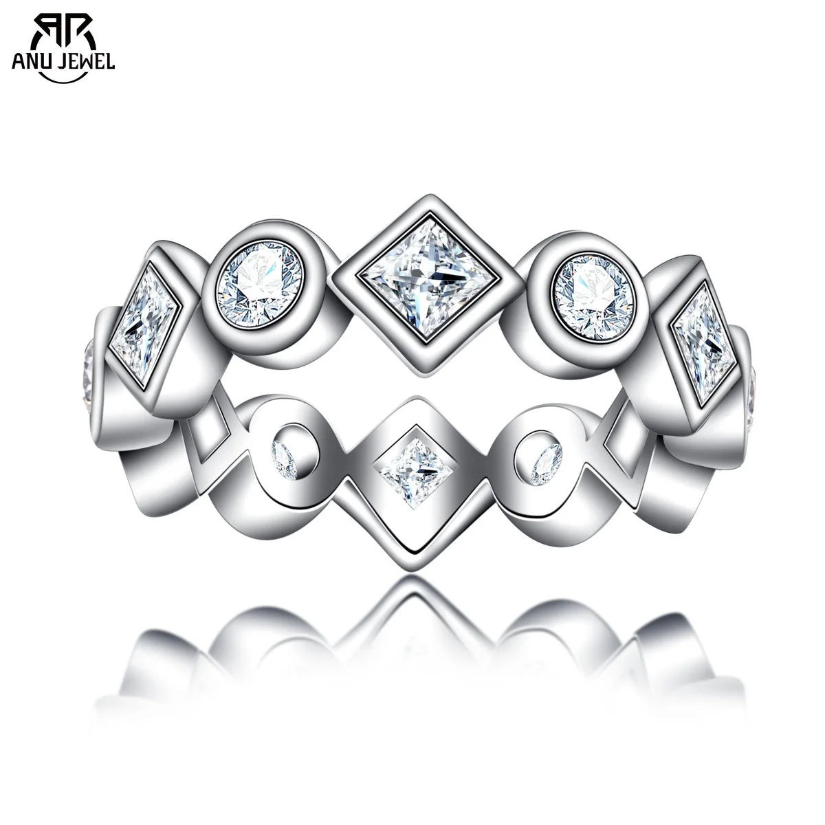 

AnuJewel 3mm Princess & 3mm Round Cut Moissanite Eternity Band Ring 14K Gold Plated Wedding Rings for Women Jewelry Wholesale