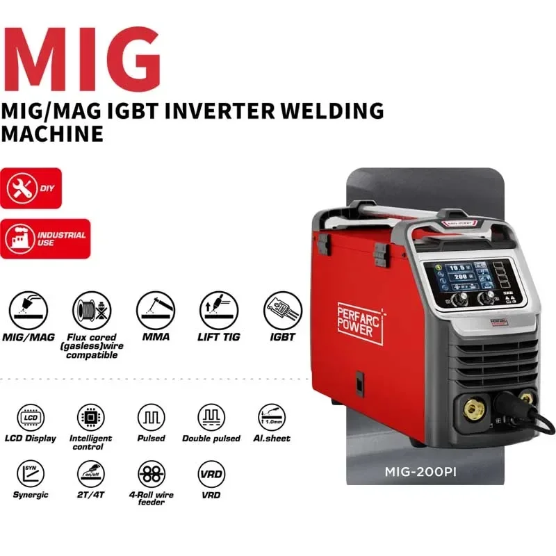 200 Amp MIG Welder Pulsed MIG/MAG Double Pulse MIG/MAG Flux Cored Wire Welding Machine MMA Lift TIG Welder