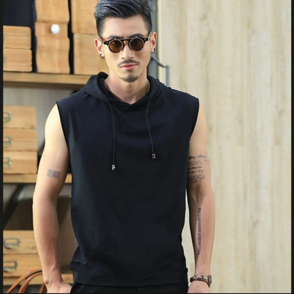 

Simple OverSized Men's Tank Tops with Hat Solid Color Hooded Vest Sweatshirt Streetwear Men T shirt Sports