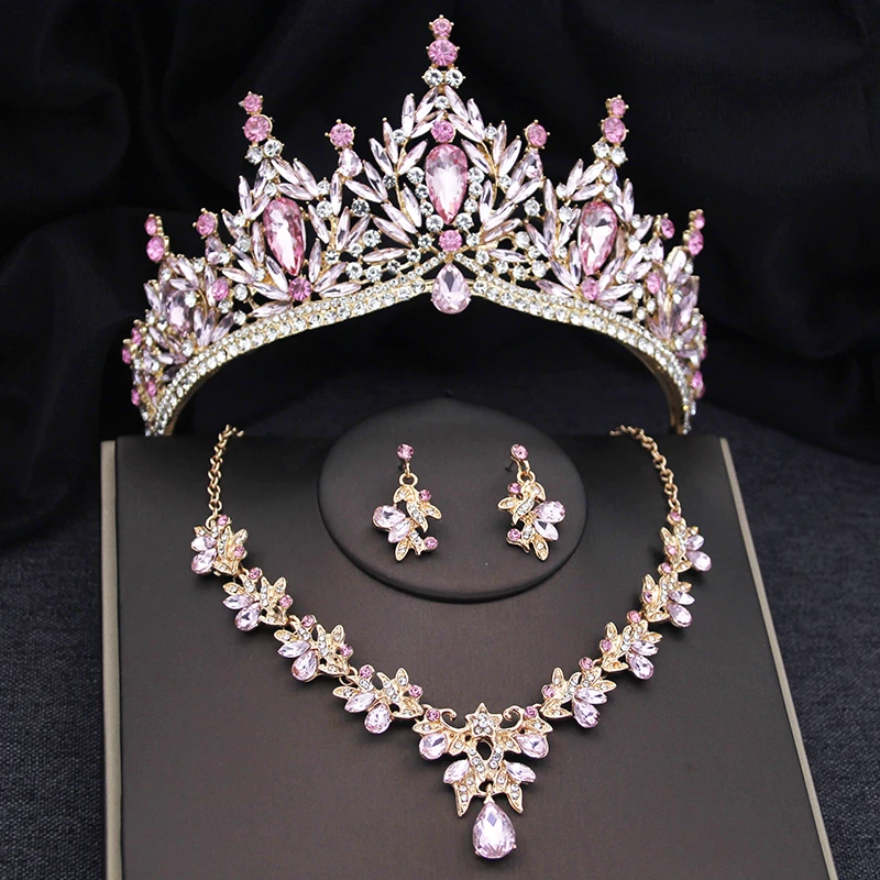 Princess Crown Pink Bridal Jewelry Sets 3 Pcs Women Tiaras and Necklace Earrings Bride Jewelry Set Wedding Dress Accessories