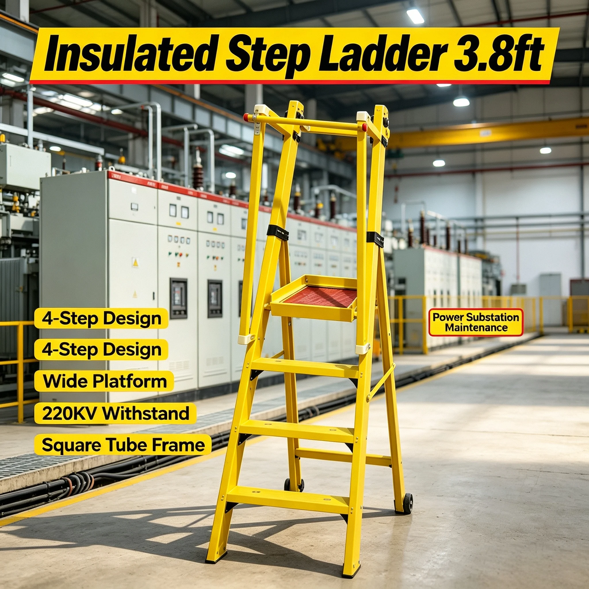 4-Step 3.8ft FRP Fiberglass Non-Conductive Ladder 220kV Insulated with Handrail for Lab Inspection Maintenance Work Tool