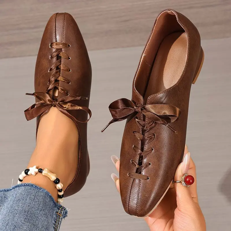 SIMLOVEYO 2026 New Ladies Flat Shoes Round Toe Lace Up Durable Non Slip Casual Footwear Extended Sizes 42 43 44 45