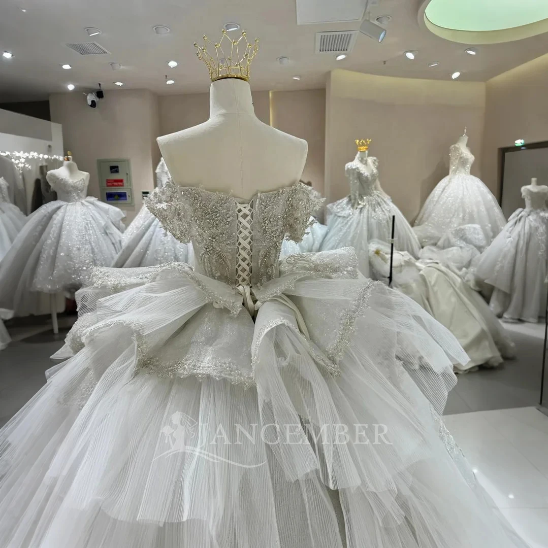 Abiti da sposa squisiti Abito da ballo per donna Abiti da sposa sexy con pieghe in raso a maniche corte con spalle scoperte Abiti personalizzati