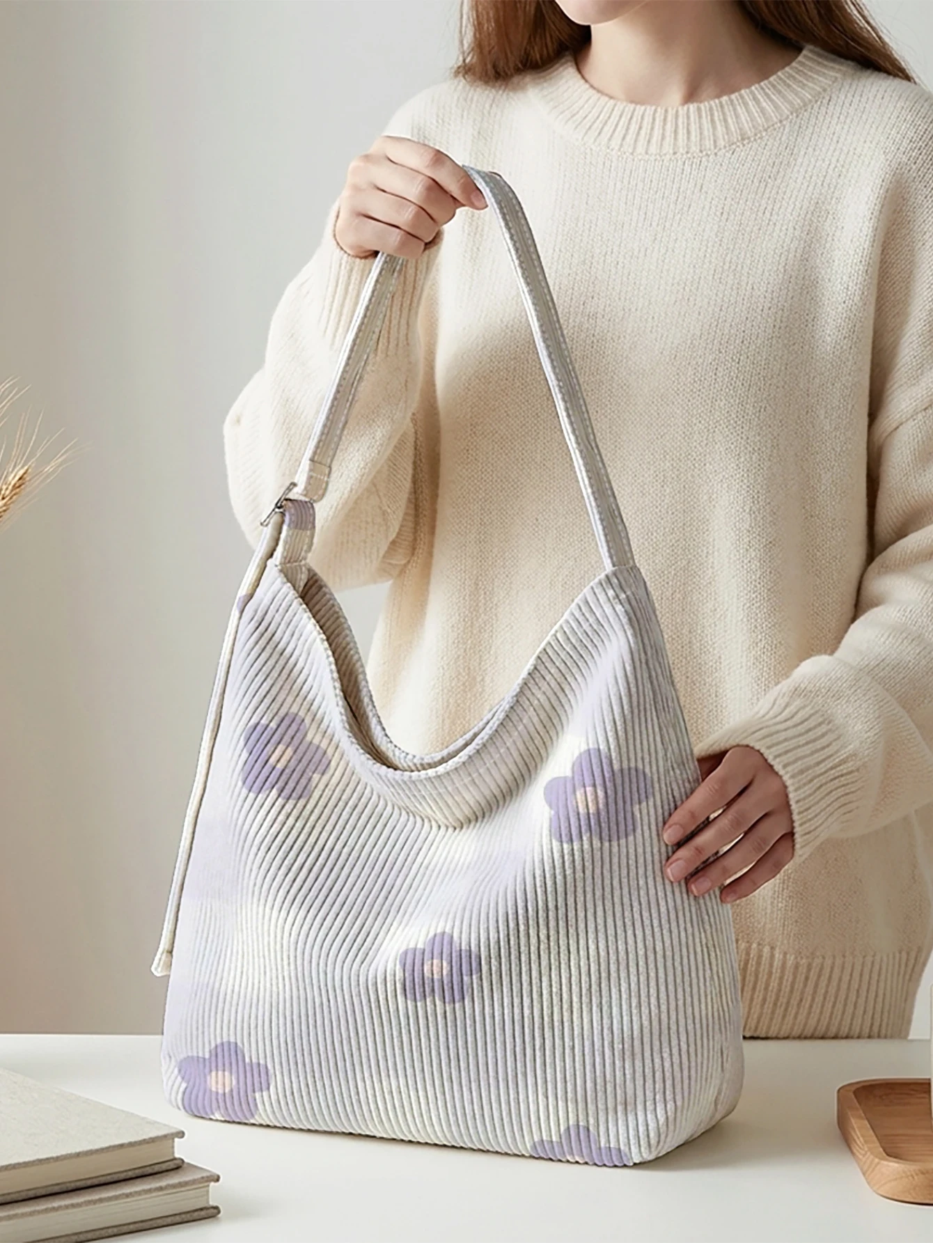 Lavender Flower Print Hobo Bag, Adjustable Strap Large Capacity Shoulder Bag For Work Travel Daily Casual