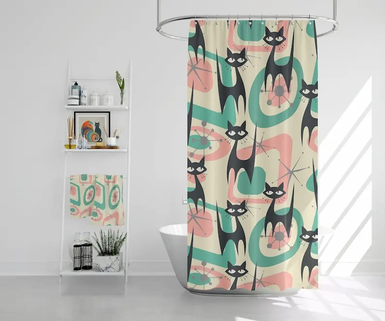 Atomic Cat Mid Century Modern Starburst Shower Curtain, 60s Retro Geometric Pink, Mint, Gray MCM Bath Decor