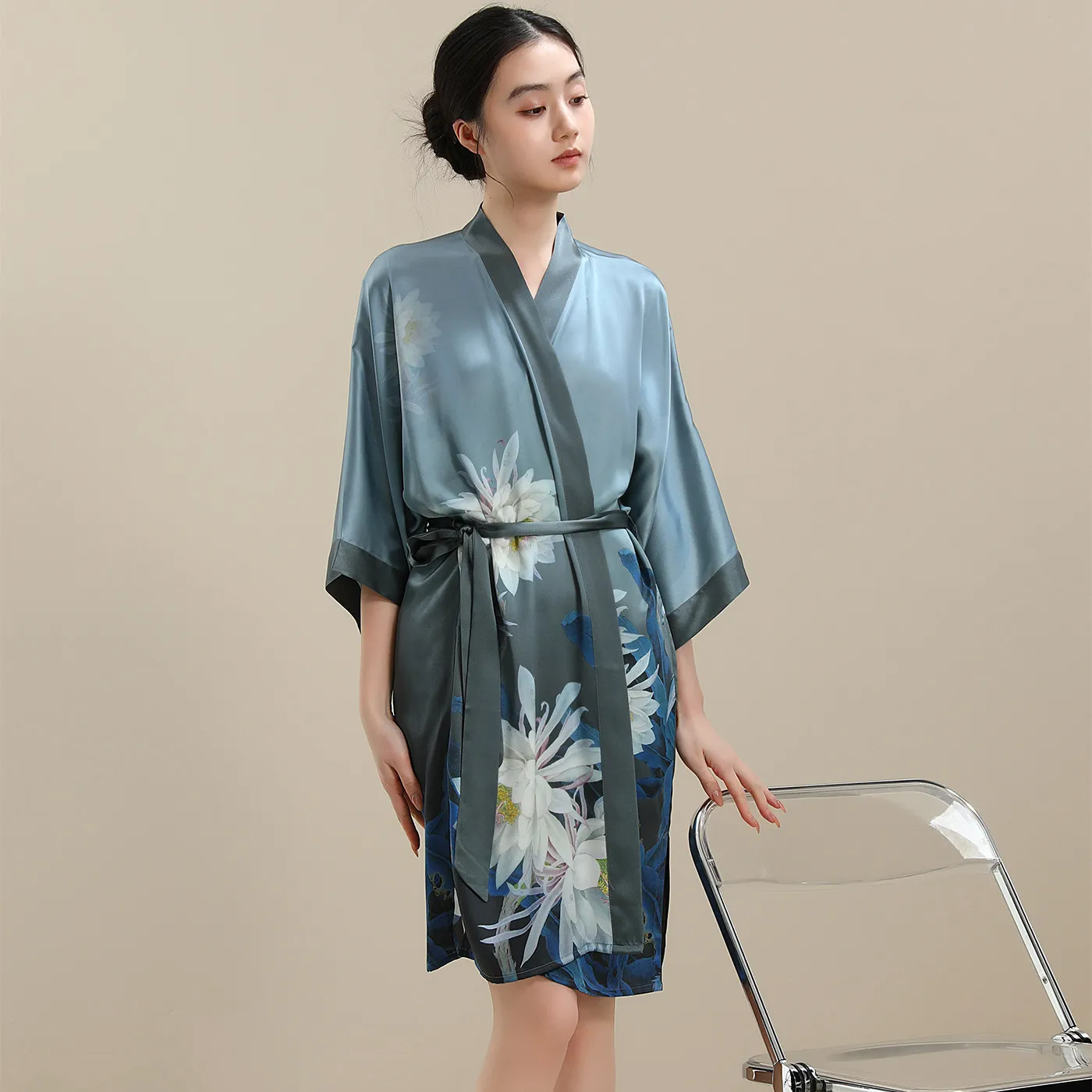 Women 100% Mulberry Silk Short Kimono Robe Floral Print Belted Bathrobe Luxury Silk Loungewear Summer Bridal Morning Sleep Gown